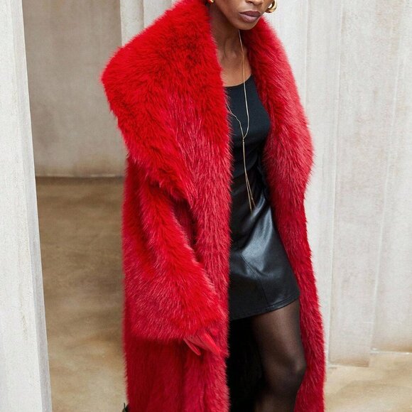 Red Casual Women's Faux Fur Jacket Coat - Picture 4 of 8